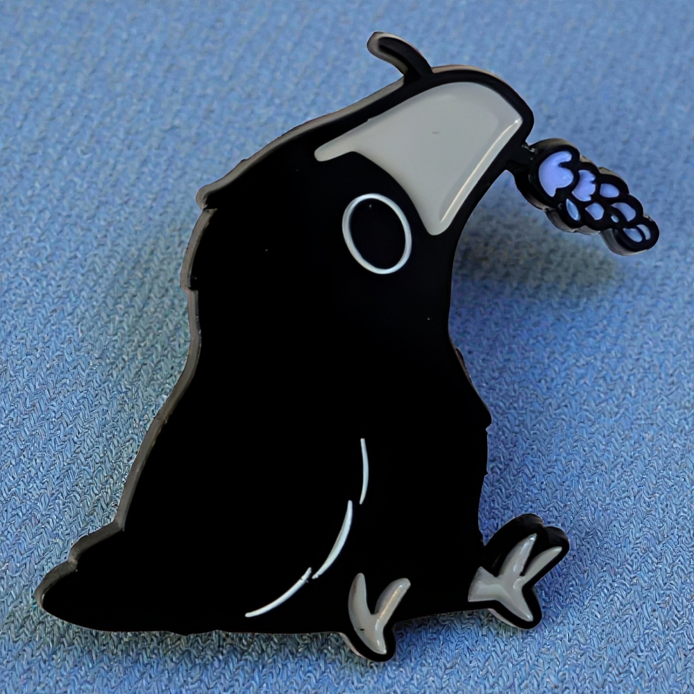 Black Crow Enamel Pin with Purple Flowers